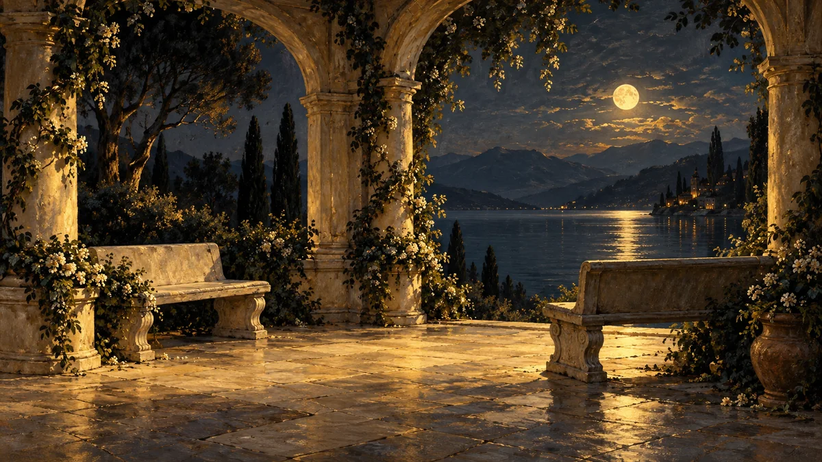 Two stone benches sit at different angles beneath arches overlooking a moonlit lake.
