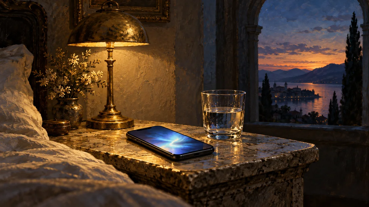 A softly glowing phone rests beside a glass of water near a dusk-lit arch.