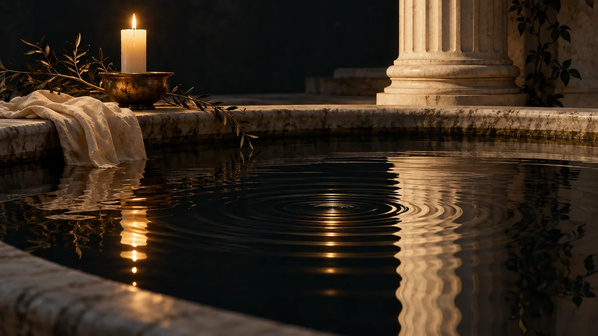 Candlelight reflects in gentle ripples across a dark stone pool.