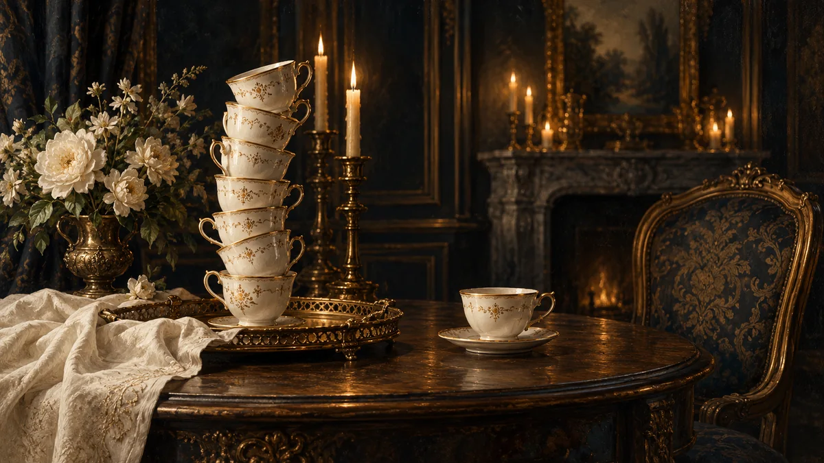 A tall stack of ivory cups stands beside a separate cup on a candlelit table.