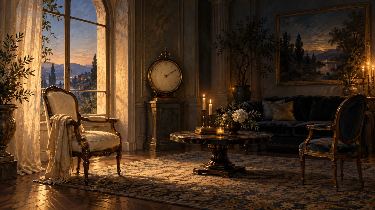 An empty chair by an arched window faces a distant sofa in a candlelit room.