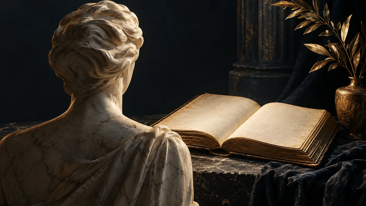 A marble bust faces an open book on a softly lit stone desk.