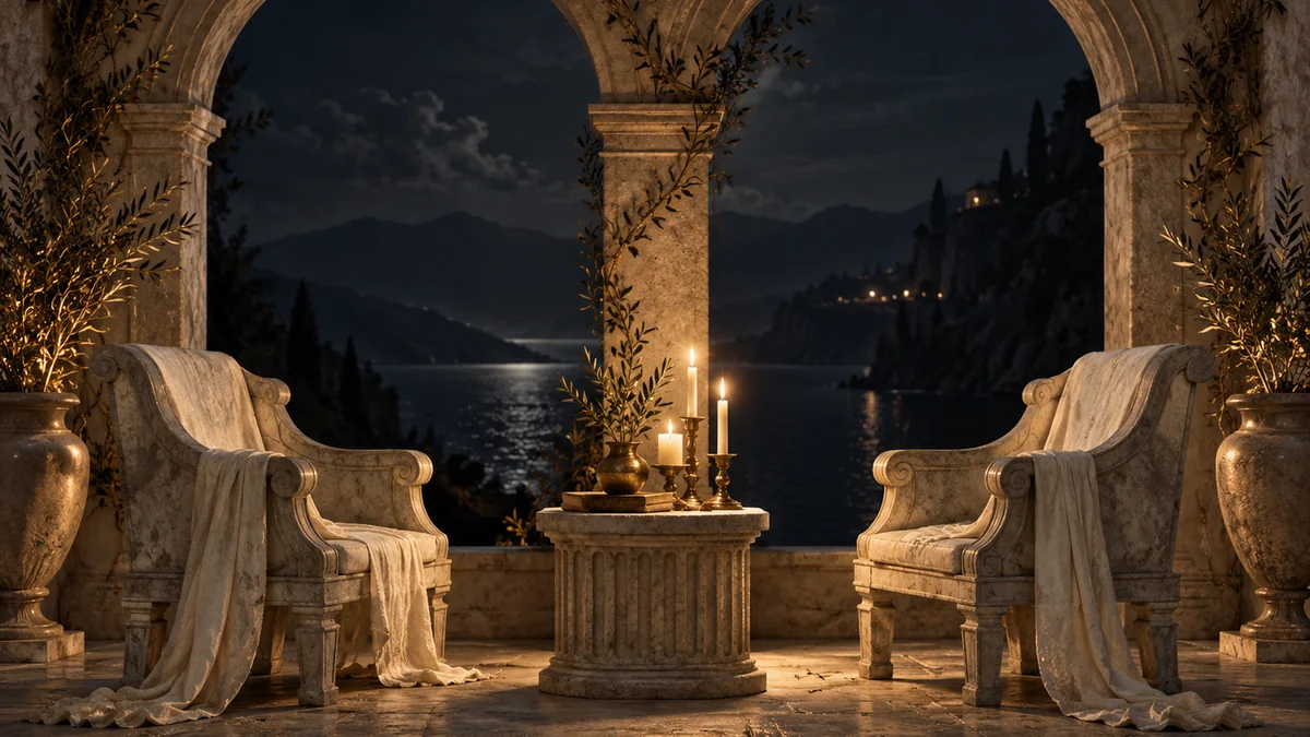 Two empty stone chairs face each other beneath arches beside candlelight.