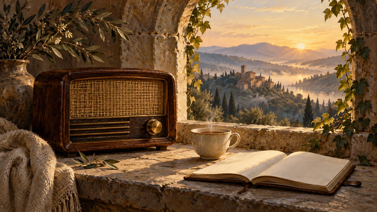 An antique radio, tea and an open notebook rest beside a sunlit arch.