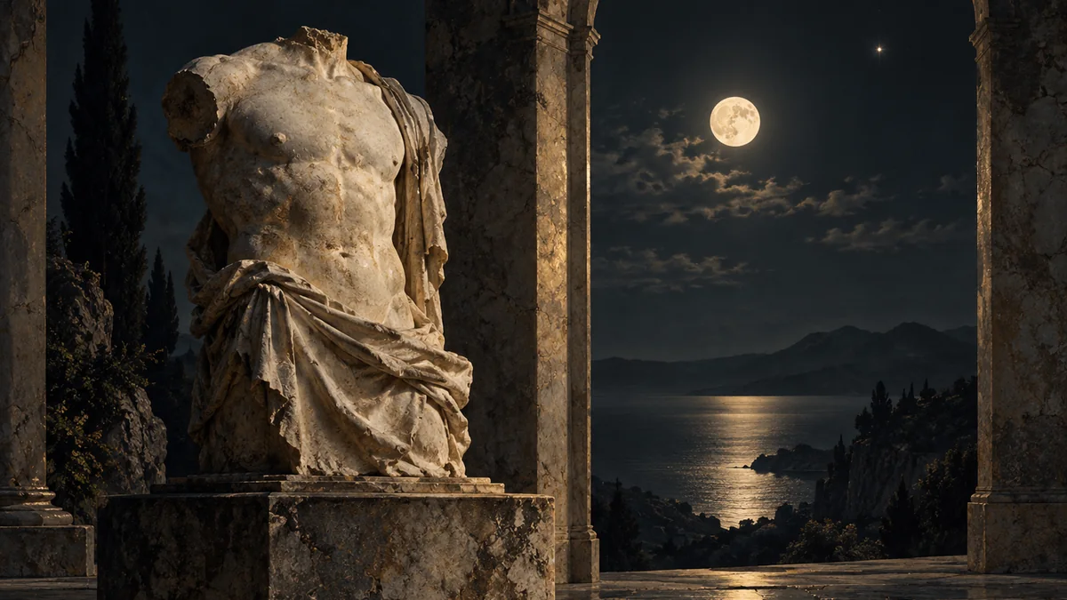 A fragmented marble bust stands between a dark arch and moonlit water.