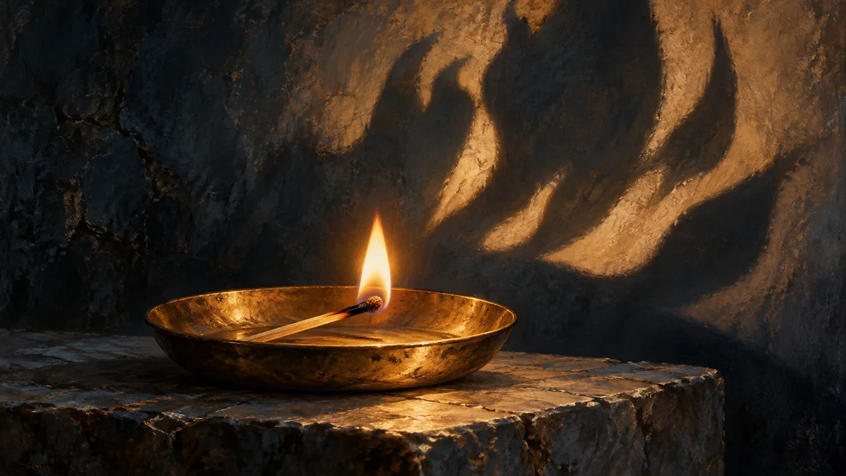 A small flame in a brass dish casts a large shadow onto a dark wall.