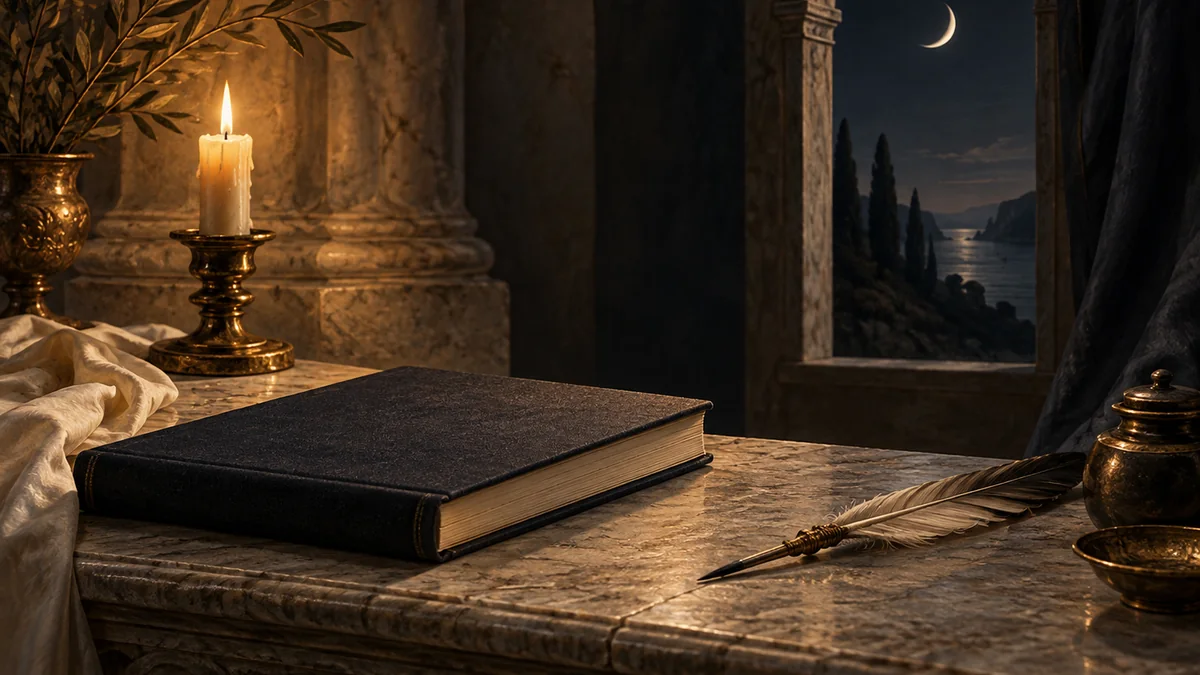 A closed journal and quill sit on a stone table beside a candle and moonlit window.