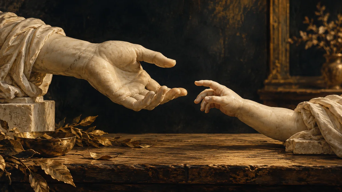 Two marble hands of different sizes reach toward each other across a wooden table.