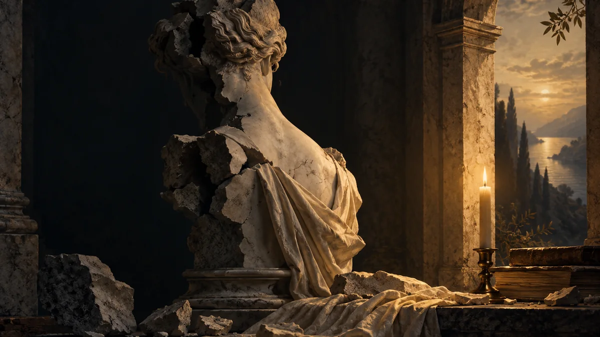 A weathered marble bust rests in soft shadow beside warm candlelight.