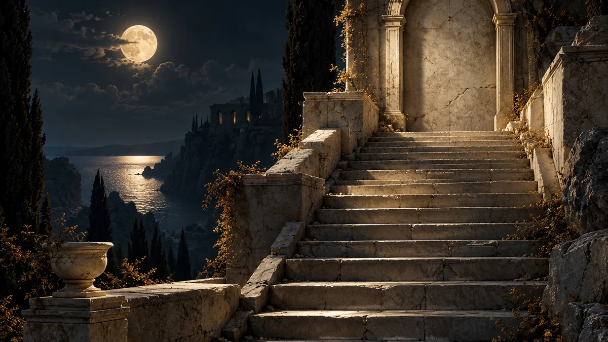 Stone steps lead toward a softly lit arch above a moonlit lake.