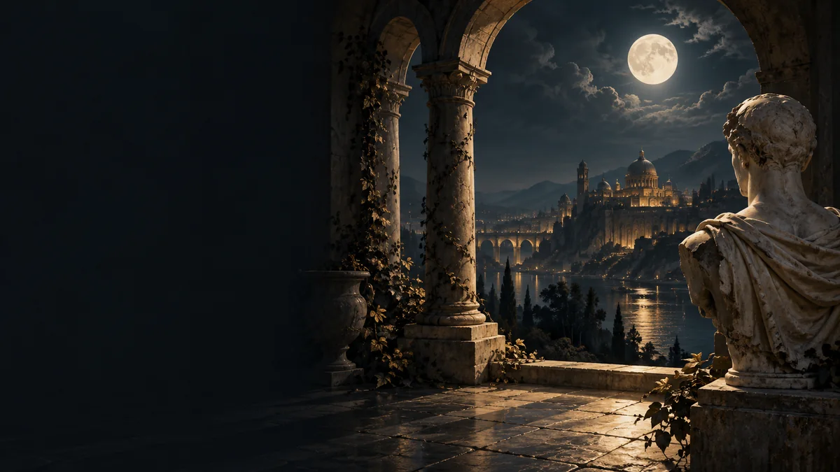 Moonlight falls through a stone arch beside a weathered marble bust.