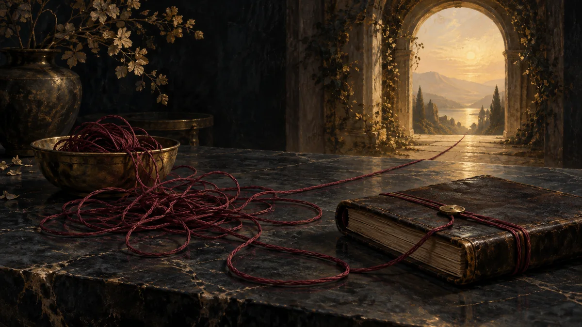 Tangled burgundy thread lies beside a closed journal with one strand leading toward light.